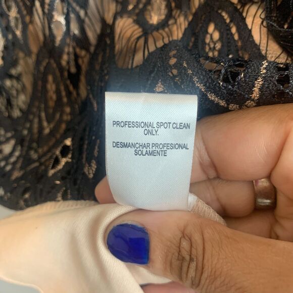 Jodi Kristopher Black Lace Nude Lined Fit Flare Dress Rhinestone Waist Size 9 - Picture 4 of 8